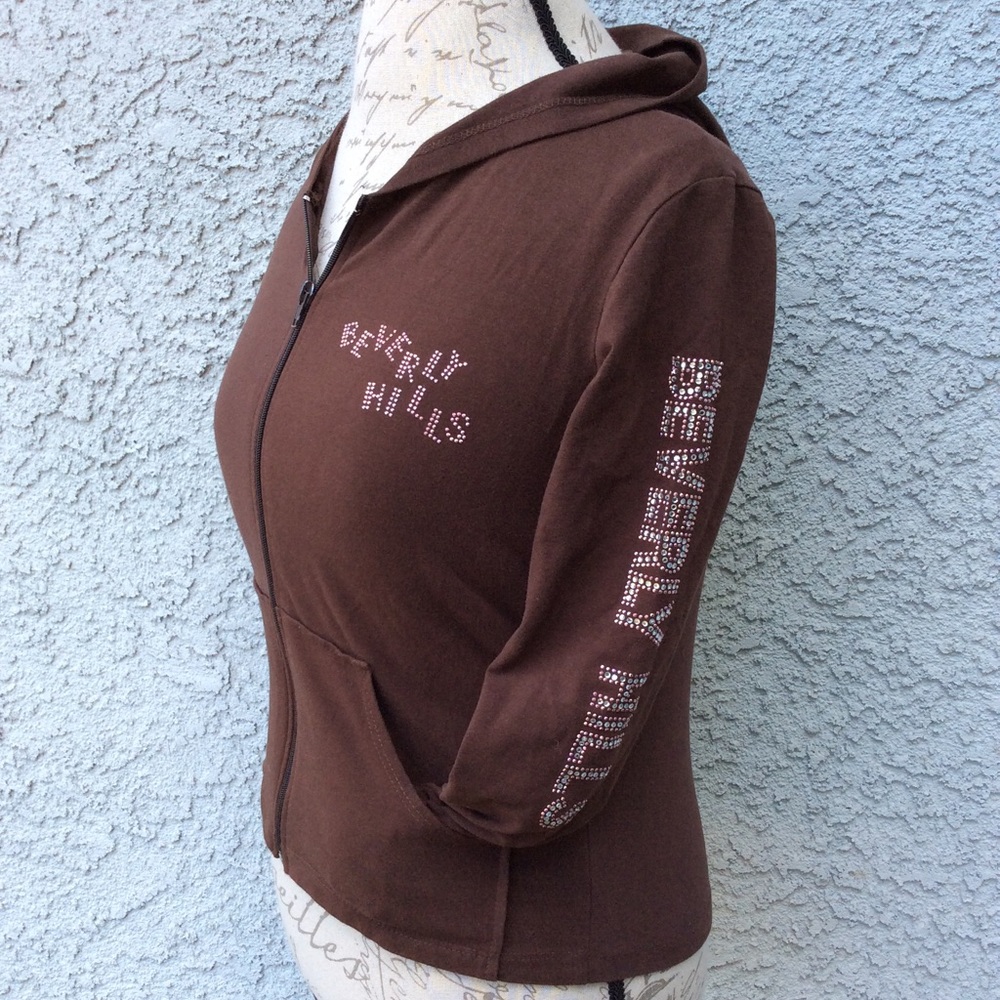 Vintage Y2K Beverly Hills Rhinestoned Embellished Zippered Jacket Brown XS